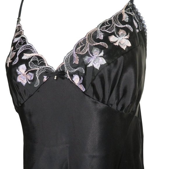 Vintage Shirley of Hollywood Knee Length Satin Slip Nightgown L Black Embroidery - Picture 4 of 12